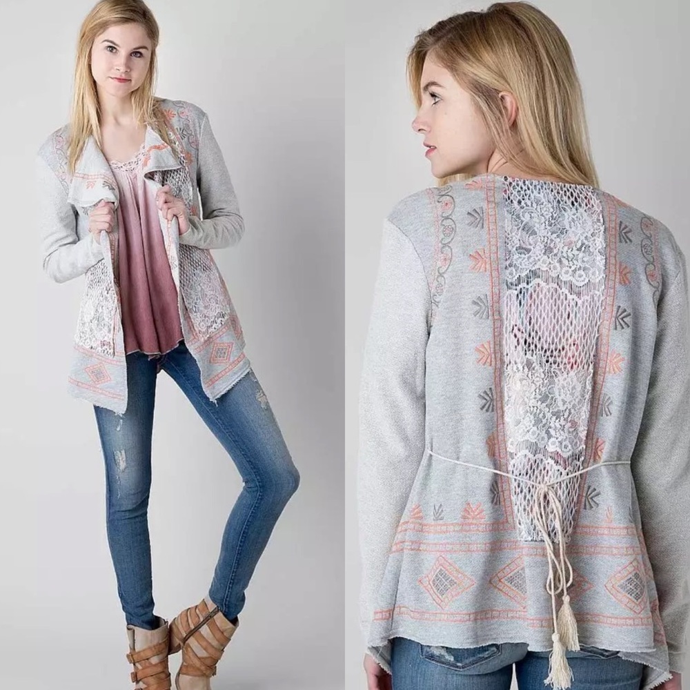 Gimmicks by BKE Embroidered Cardigan Sweatshirt heather grey & orange size small